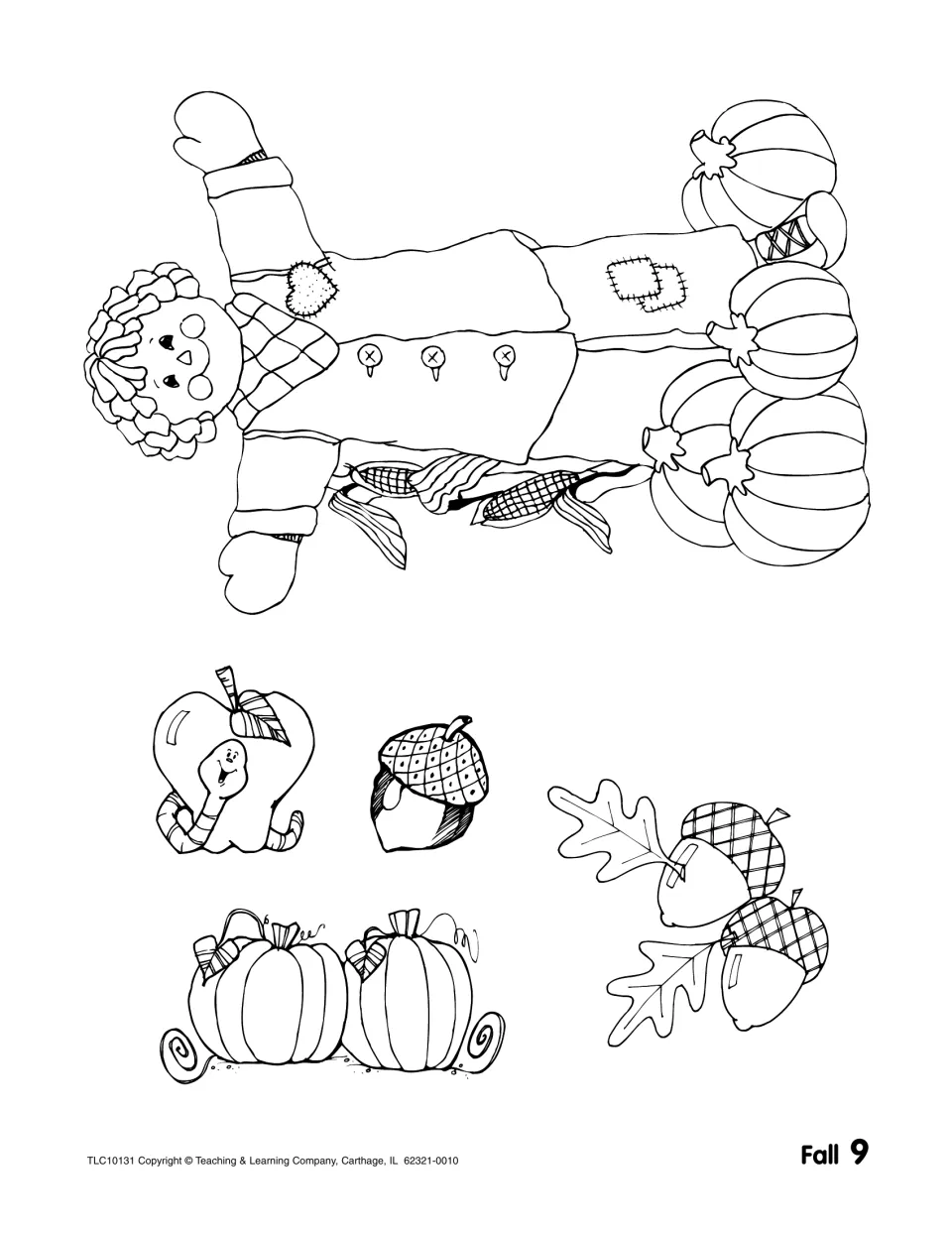 Harvest clip art: a patched scarecrow beside pumpkins, plus an apple with a worm, acorns with oak leaves and two pumpkins