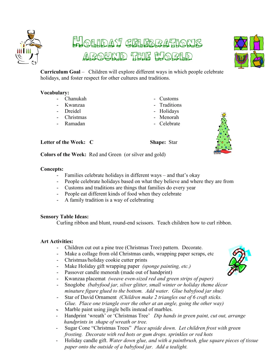 Holiday unit plan: curriculum goal, vocabulary like Kwanzaa and dreidel, letter C, star shape, key concepts and art ideas