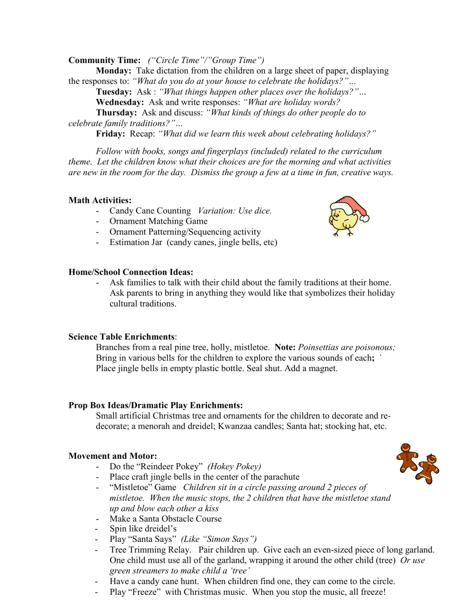 Circle time questions for each weekday, plus candy cane counting math, science table, dramatic play and movement games