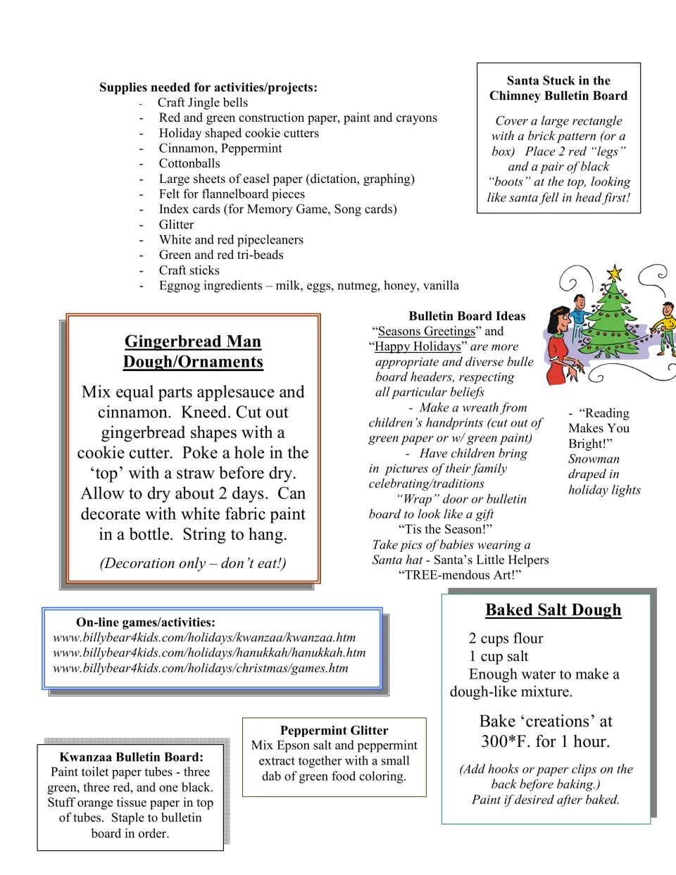 Supply list, Santa and Kwanzaa bulletin board ideas, gingerbread dough, baked salt dough and peppermint glitter recipes