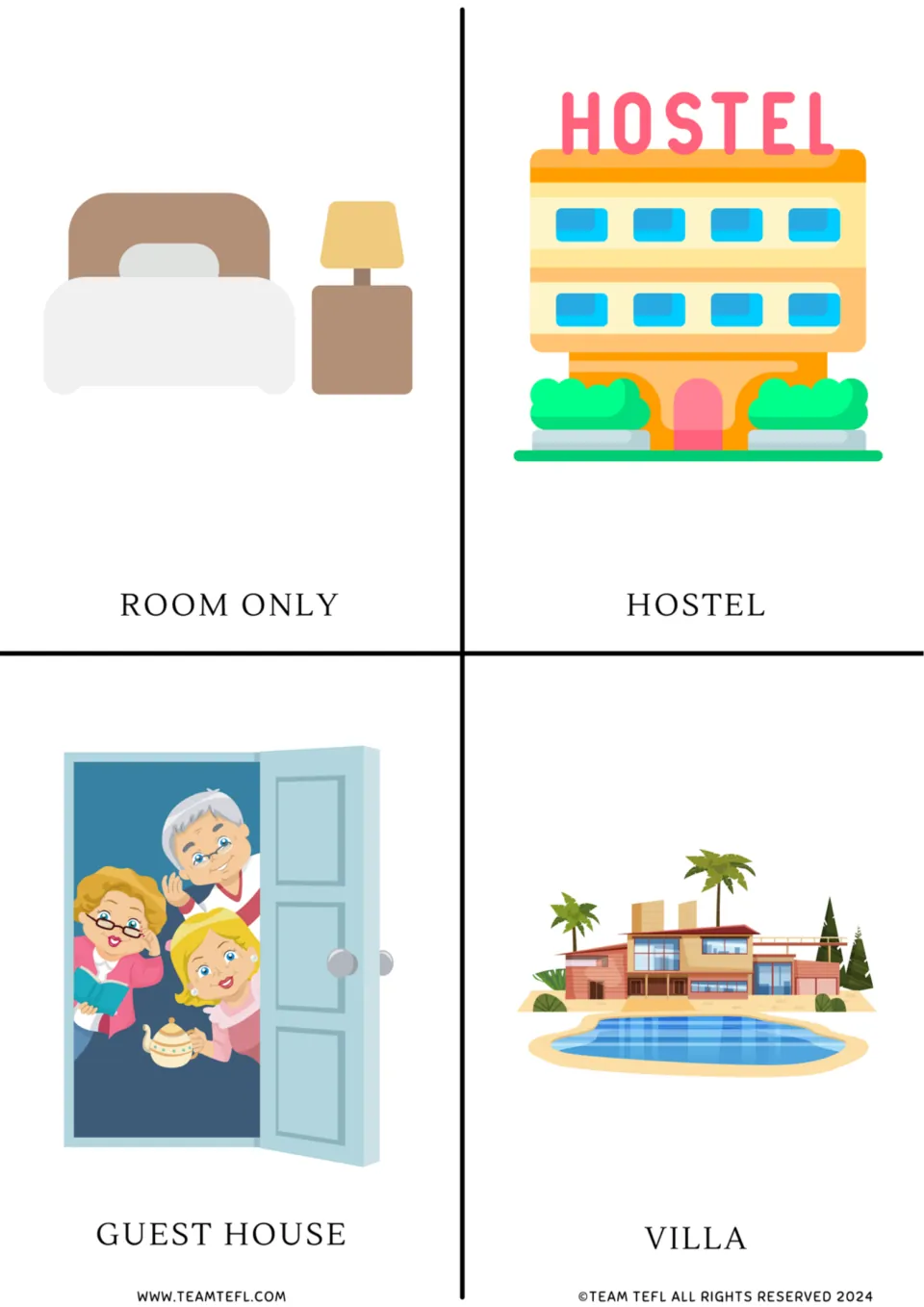 Accommodation type cards: a bed for room only, a hostel building, a guest house door and a villa with a pool