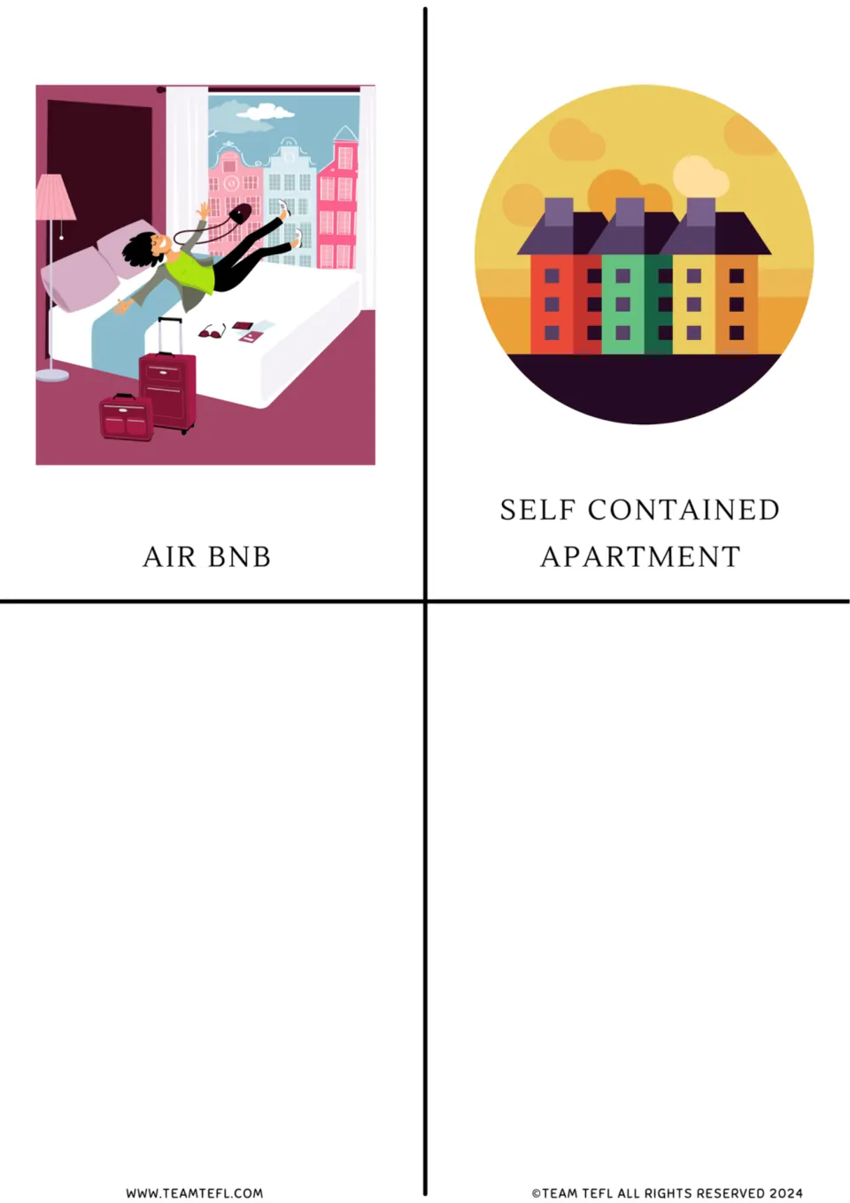 Two more lodging vocabulary cards: a traveller flopping onto an Air BnB bed and a self contained apartment block