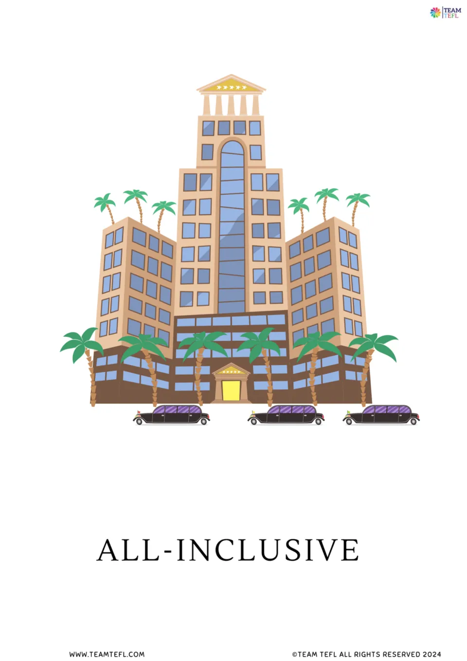 All-inclusive flashcard: a large resort hotel with palm trees and limousines out front, for naming this holiday option
