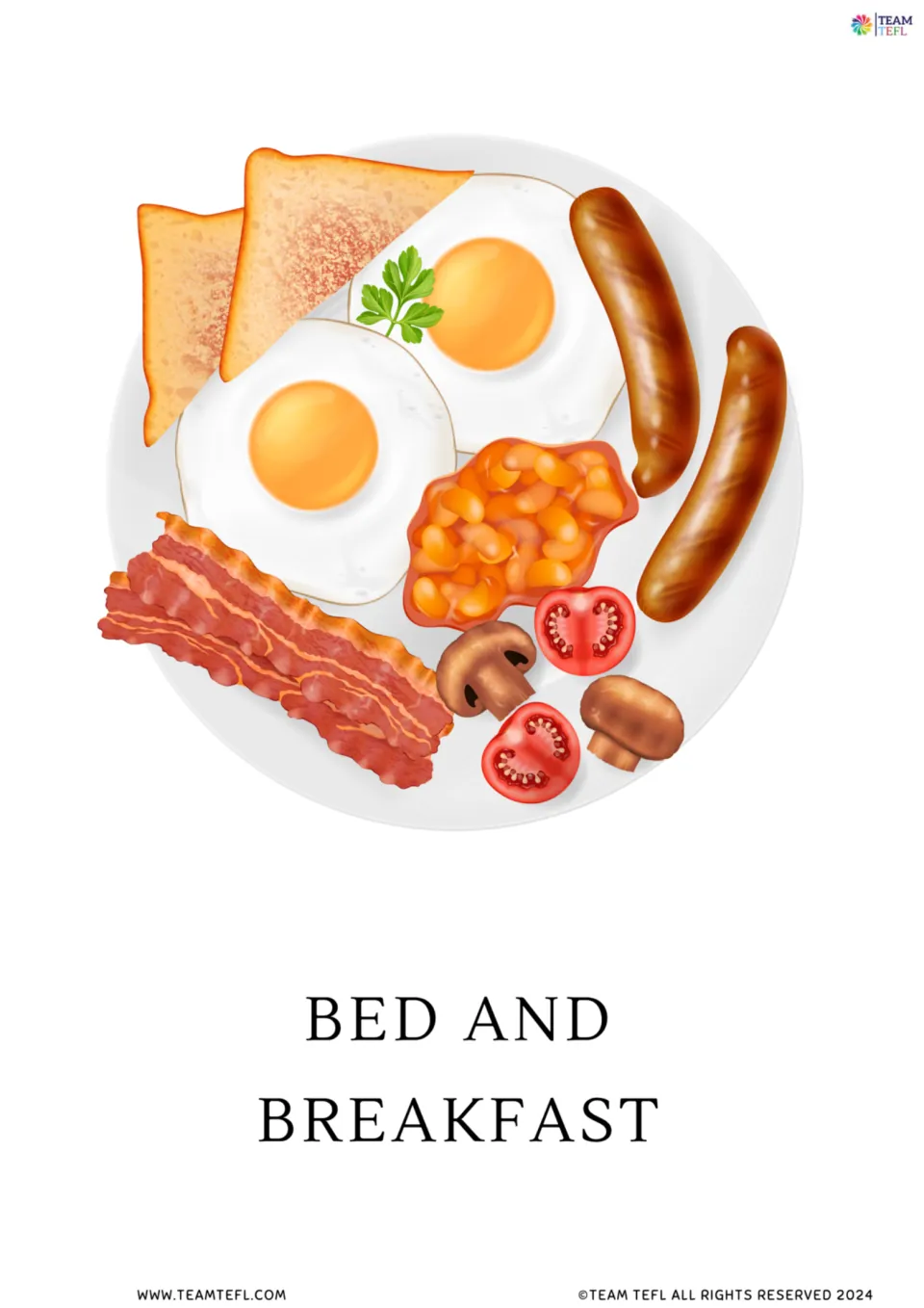Bed and breakfast flashcard: a cooked breakfast plate with eggs, bacon, sausages, beans, toast, mushrooms and tomato