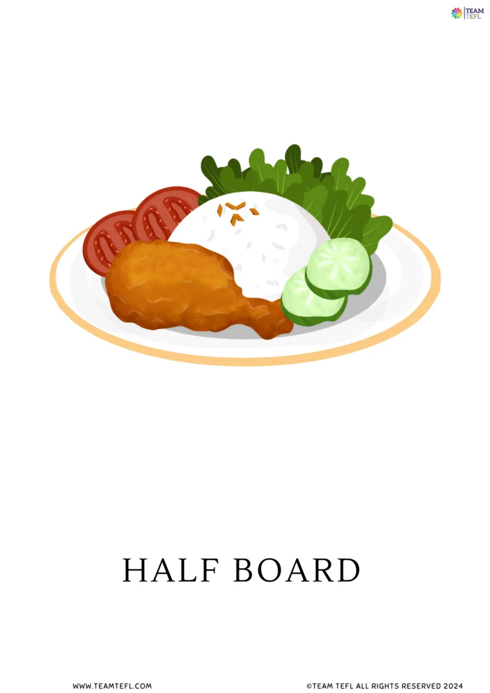 Half board flashcard: a plate of fried chicken with rice, tomato slices, cucumber and lettuce leaves