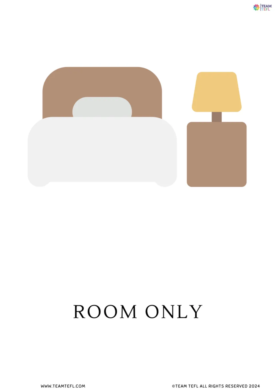 Room only flashcard: a simple bed beside a bedside table and lamp, showing a stay where no meals are included