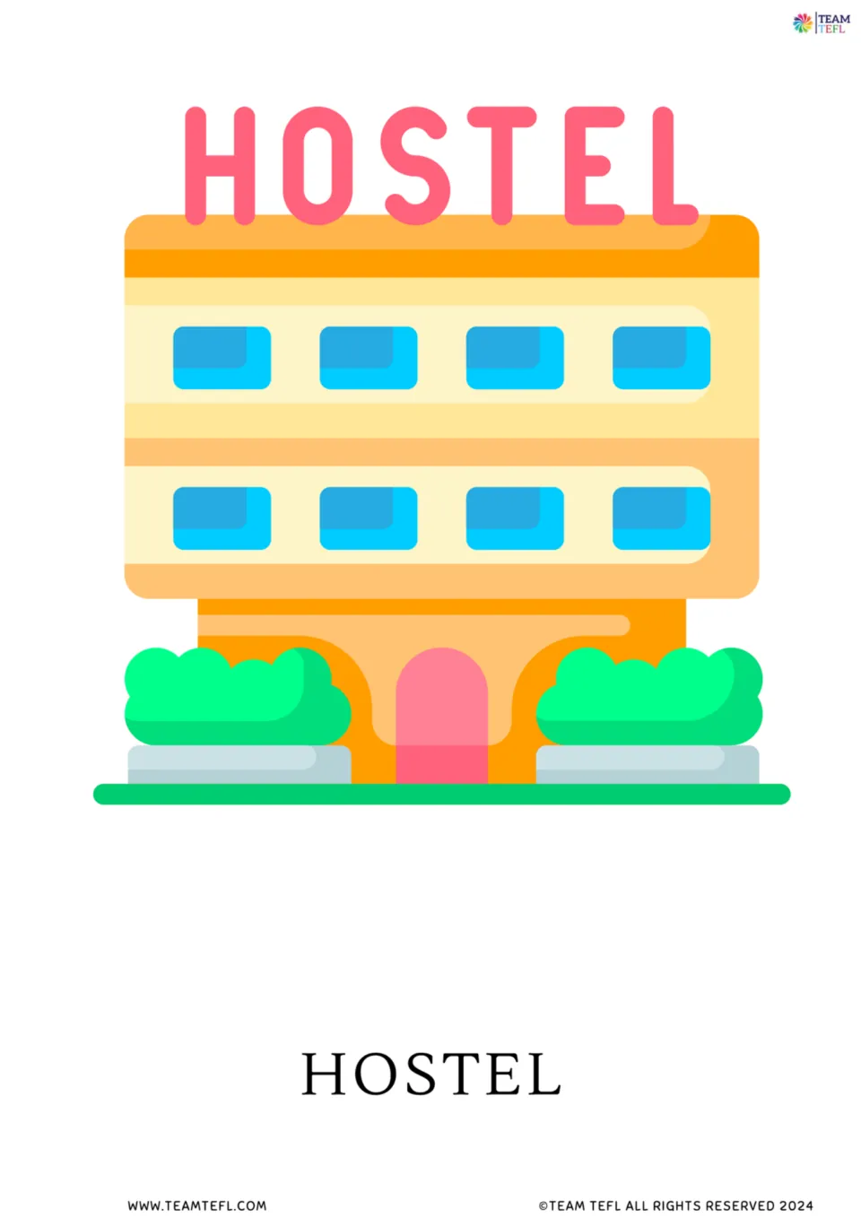Hostel flashcard: a bright orange building with a HOSTEL sign above its windows and doorway, for naming this lodging