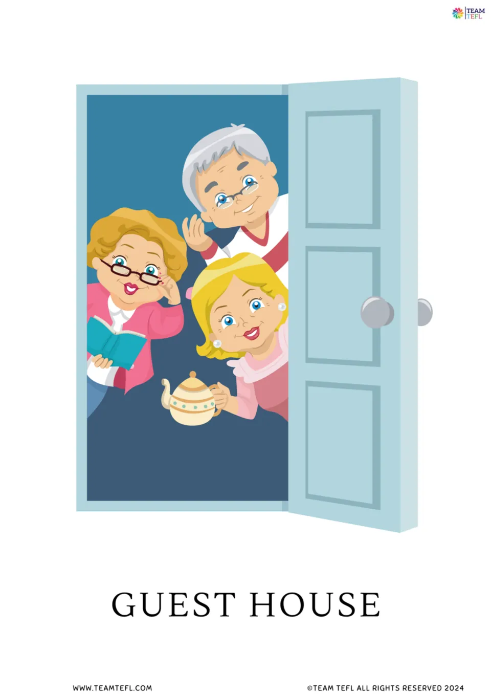 Guest house flashcard: three smiling older hosts at an open front door, one holding a teapot and another a book