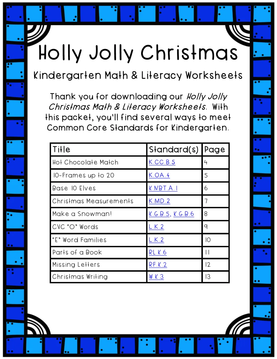 Packet contents listing ten math and literacy activities, their kindergarten standards, and pages 4–13