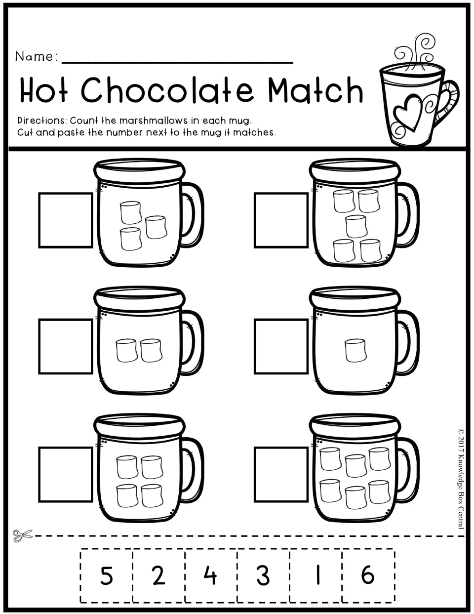 Hot Chocolate Match counting activity: count marshmallows in six mugs and paste matching numbers 1–6