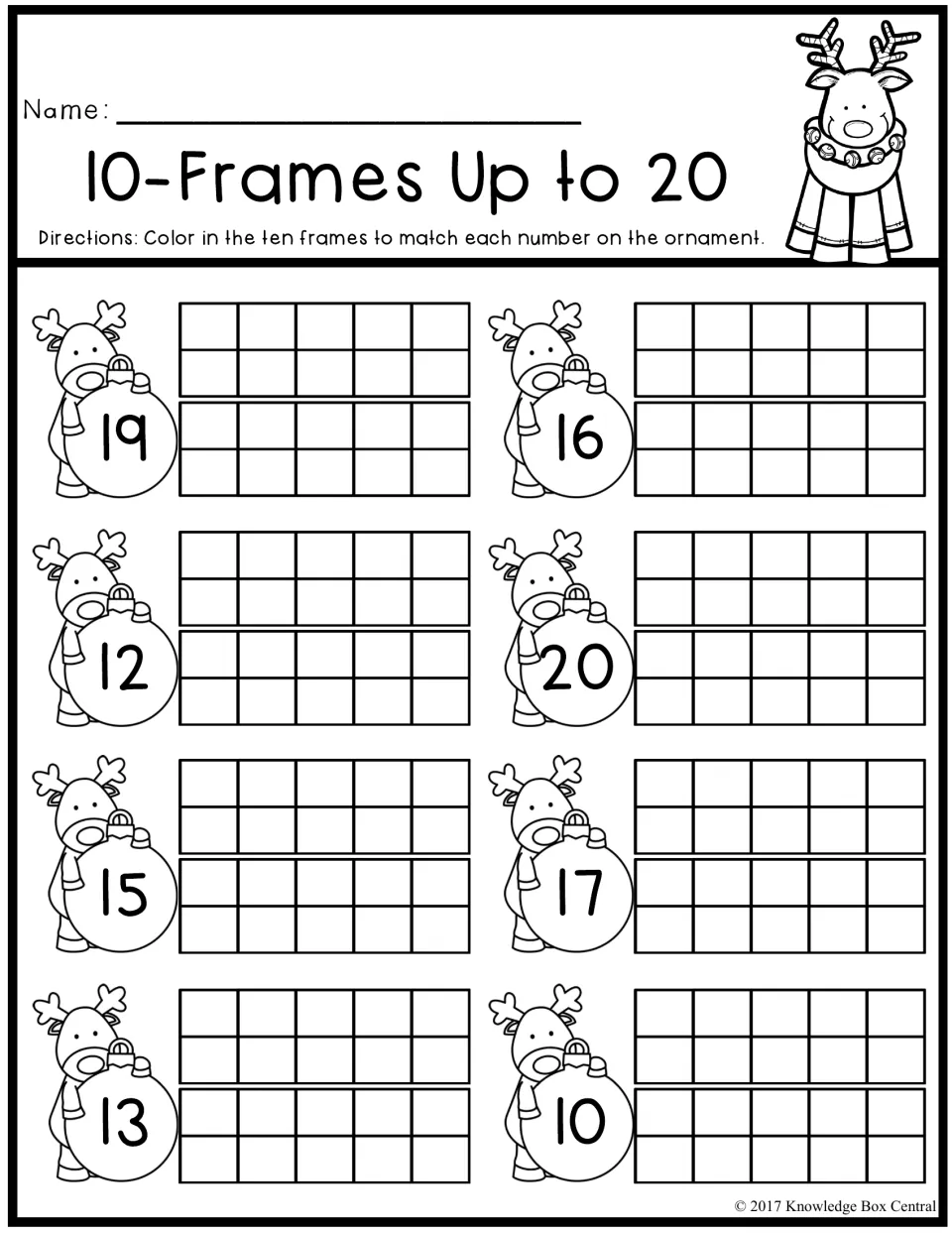 10-Frames Up to 20 activity: color ten frames to represent ornament numbers 19, 16, 12, 20, 15, 17, 13, and 10