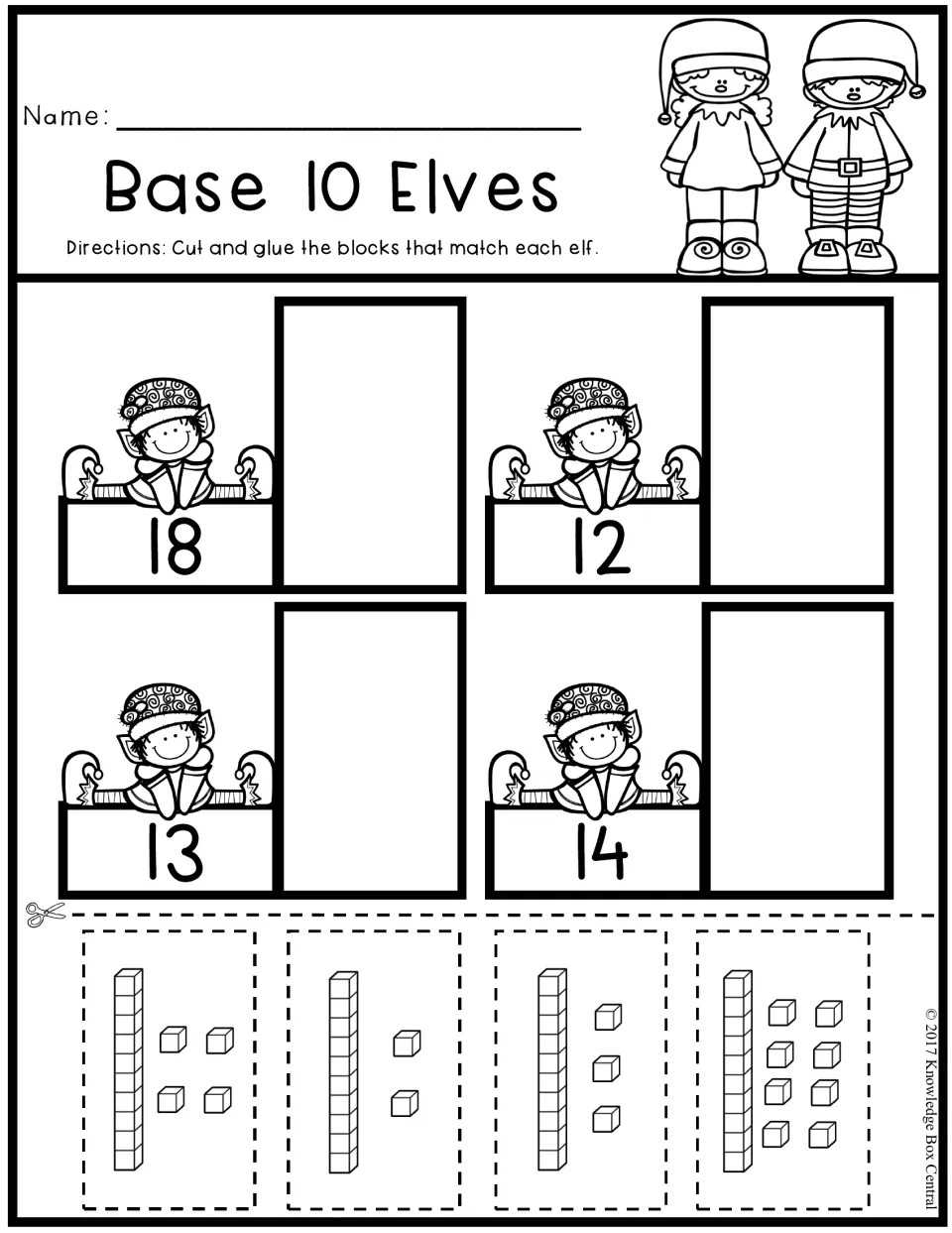 Base 10 Elves activity: cut and glue pictures of tens and ones to match the numbers 18, 12, 13, and 14