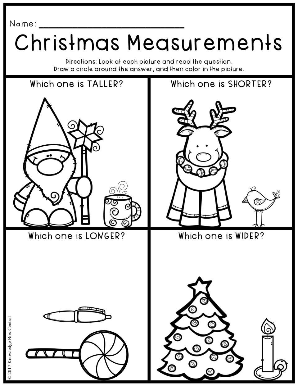 Christmas Measurements activity: compare picture pairs to identify which is taller, shorter, longer, or wider