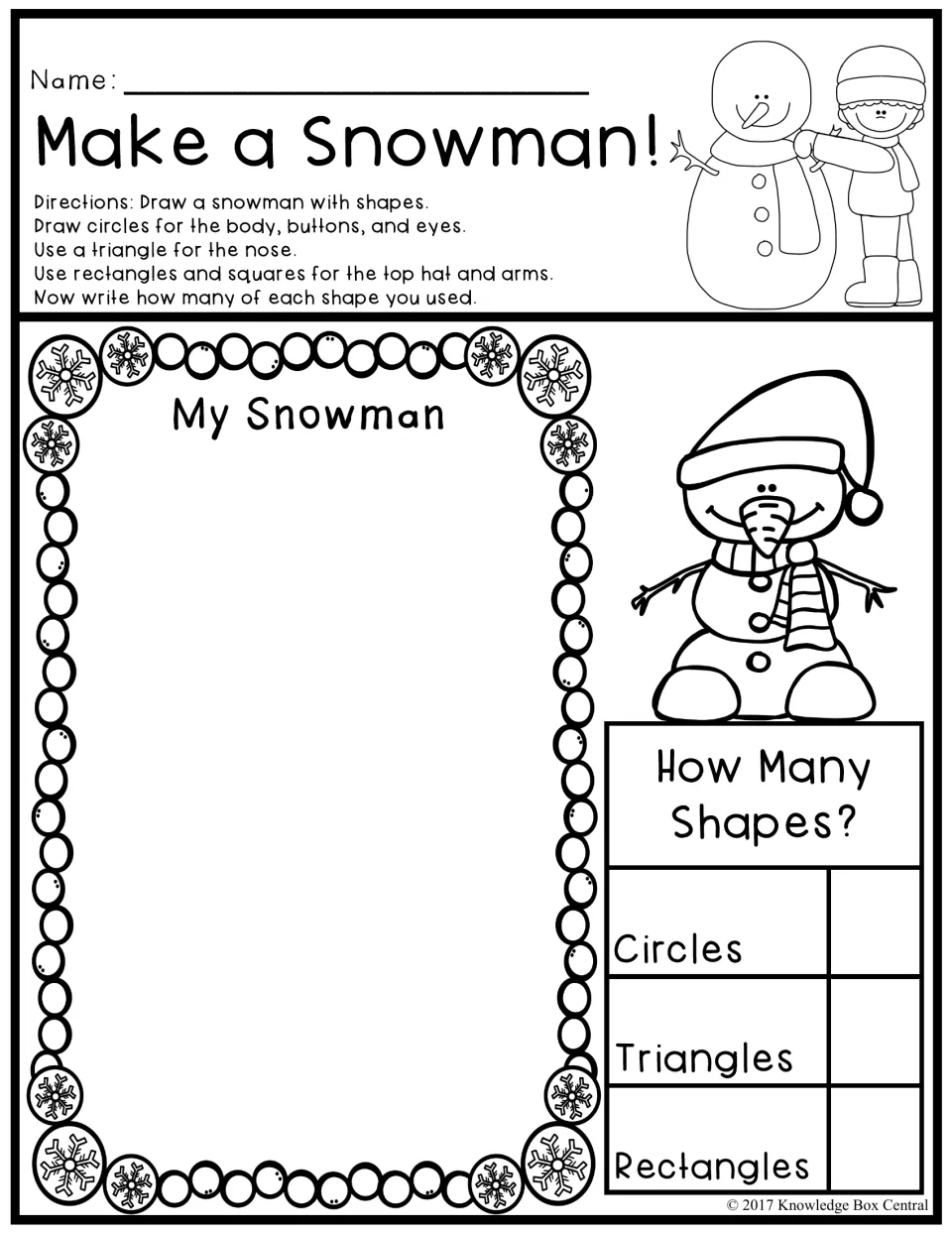 Make a Snowman activity: draw a snowman using circles, a triangle, rectangles, and squares, then count shapes