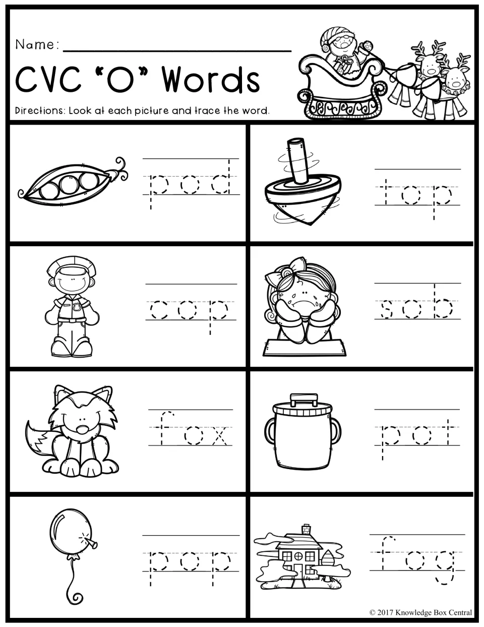 CVC short-o word tracing activity with pictures for pod, top, cop, sob, fox, pot, pop, and fog