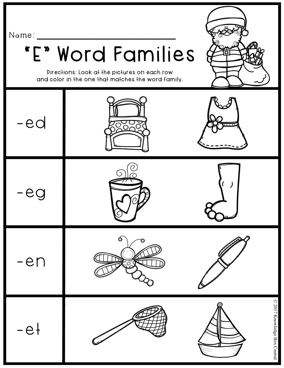 Short-e word family activity: choose and color pictures matching -ed, -eg, -en, and -et from four pairs