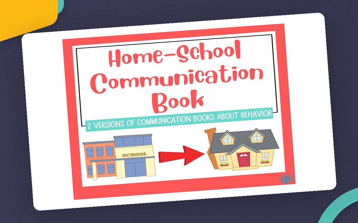 Home-School Communication Book cover with school and house illustrations.
