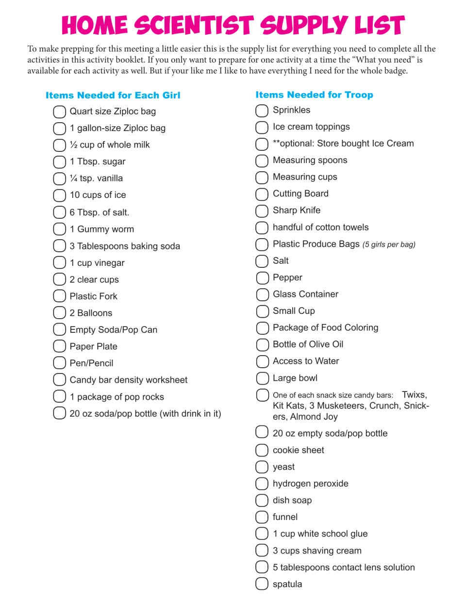 Supply checklist for all experiments: items needed for each girl, like Ziploc bags and gummy worms, and items for the troop