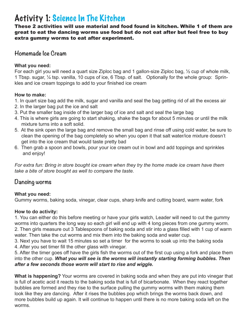 Science in the Kitchen: steps for shaking homemade ice cream in bags of ice and salt and making gummy worms dance