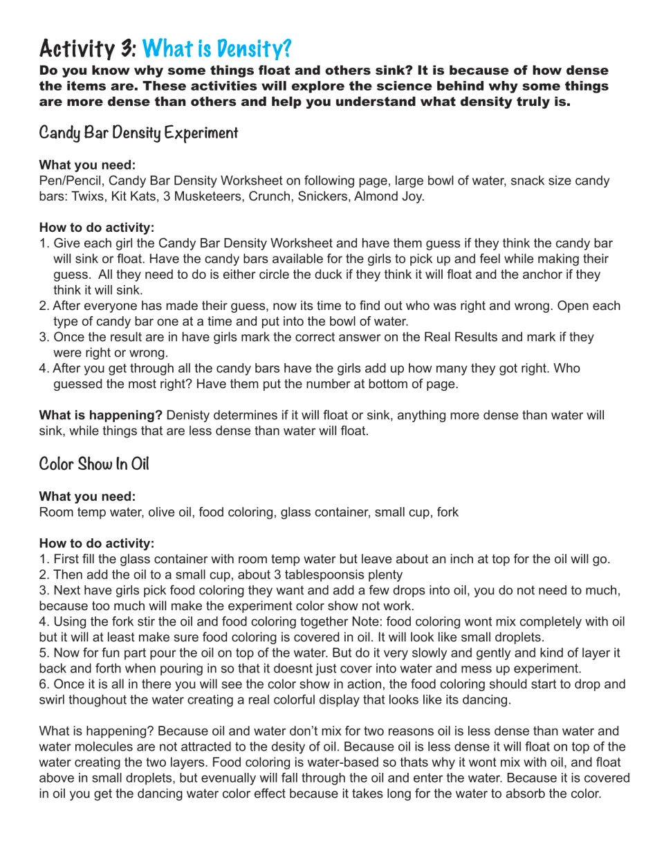 What is Density? Steps for testing whether candy bars sink or float in water and for a food coloring color show in oil