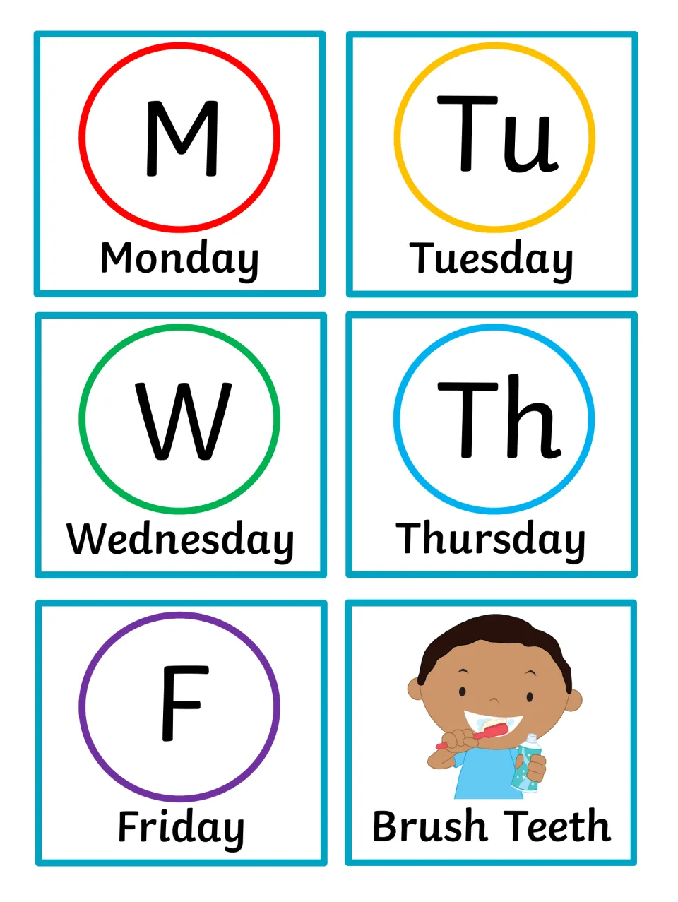 Weekday picture cards: Monday to Friday with initials M, Tu, W, Th and F in colored circles, plus a Brush Teeth card