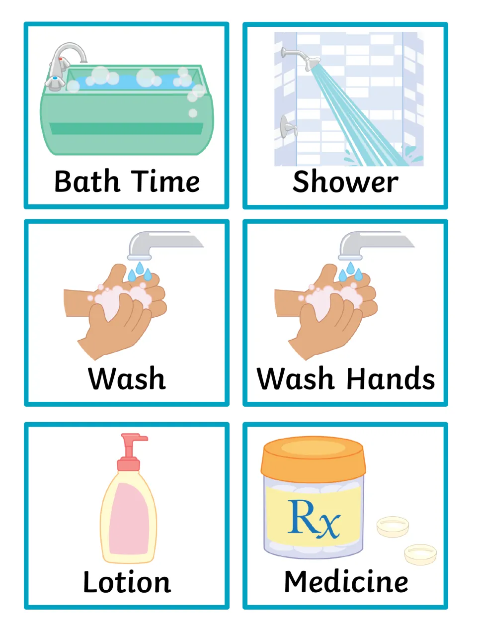 Hygiene routine cards: Bath Time, Shower, Wash, Wash Hands, Lotion and Medicine, each a labeled picture to cut out
