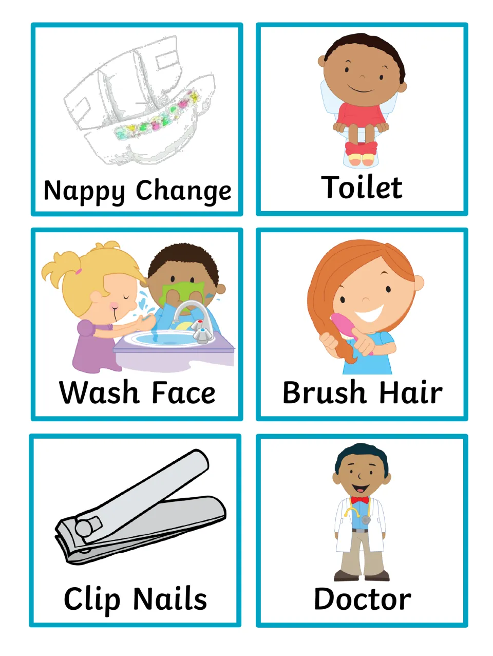 Personal care cards: Nappy Change, Toilet, Wash Face, Brush Hair, Clip Nails and Doctor, each shown with an illustration