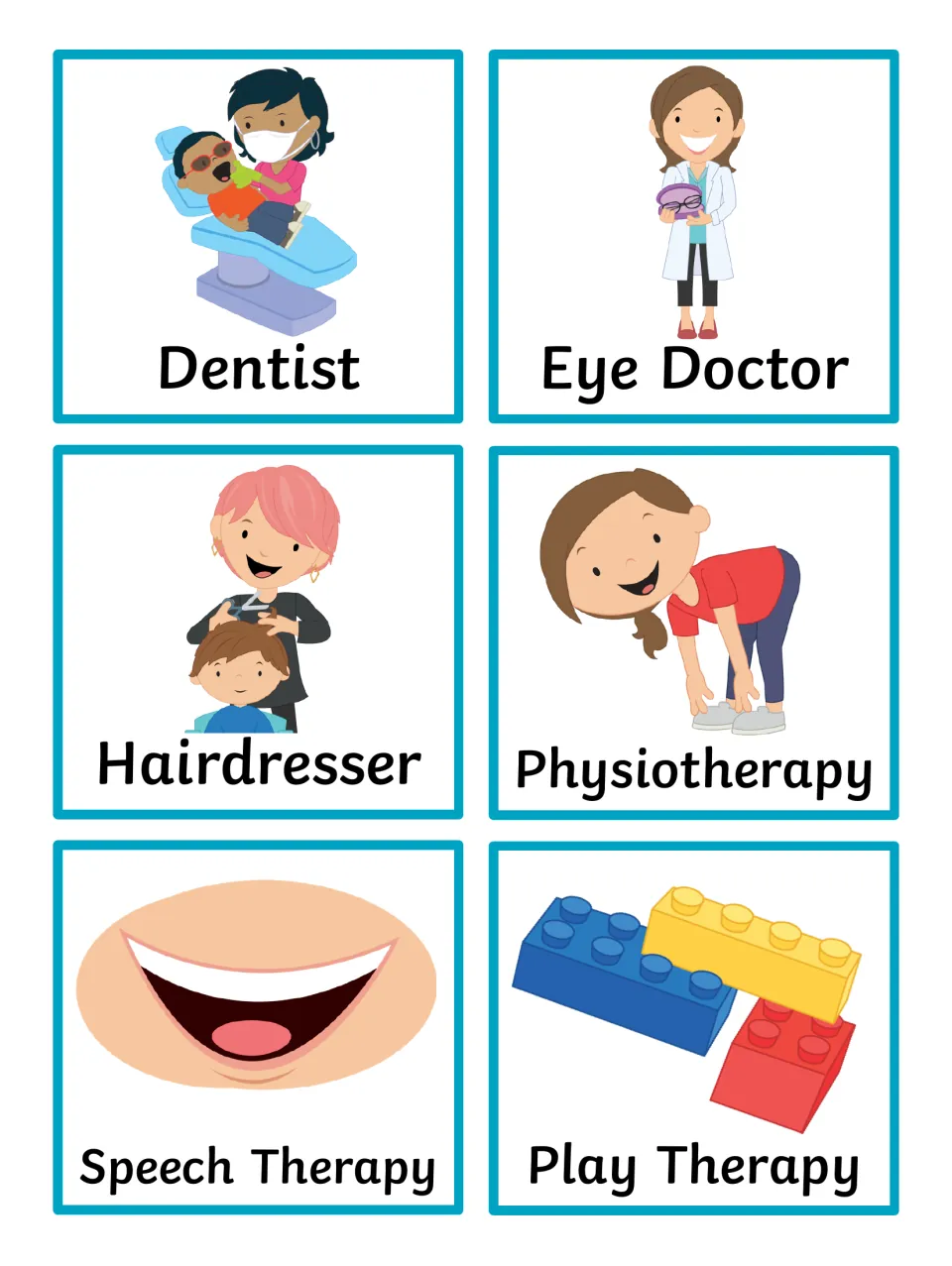 Appointment cards: Dentist, Eye Doctor, Hairdresser, Physiotherapy, Speech Therapy and Play Therapy, each with a picture