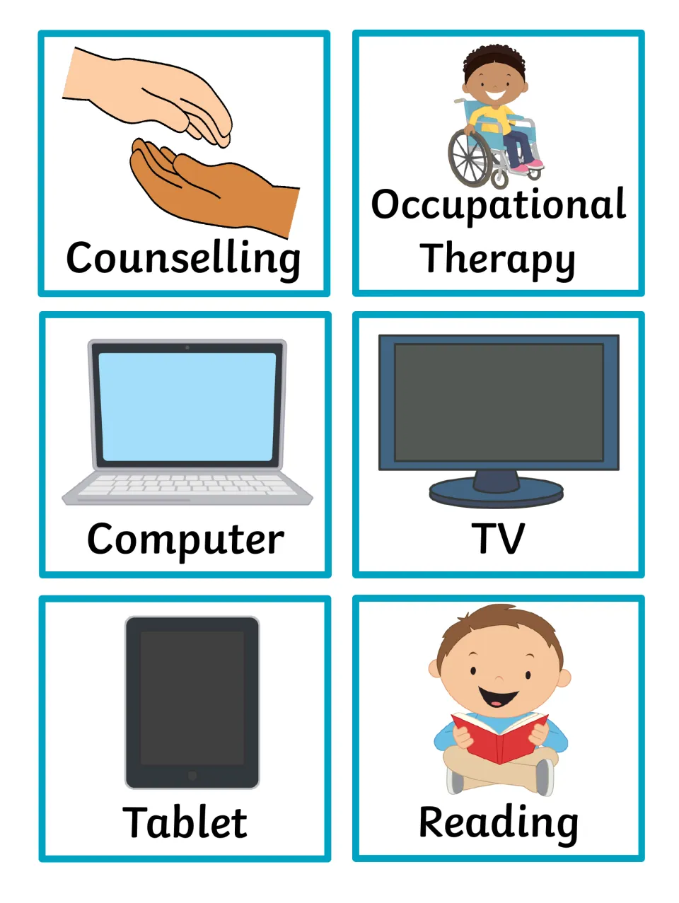 Therapy and screen time cards: Counselling, Occupational Therapy, Computer, TV, Tablet and Reading as labeled pictures