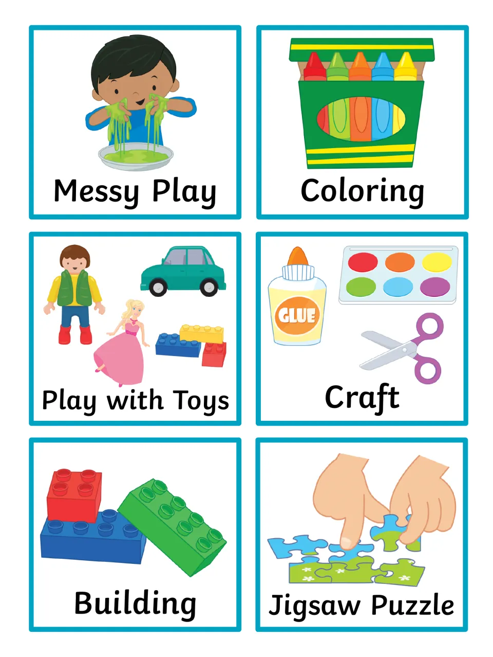 Play activity cards: Messy Play, Coloring, Play with Toys, Craft, Building and Jigsaw Puzzle, each with a matching drawing