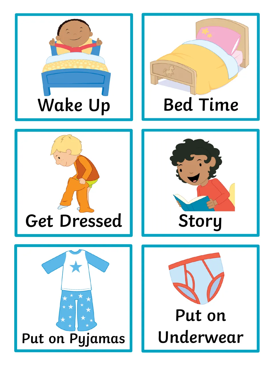 Morning and bedtime cards: Wake Up, Bed Time, Get Dressed, Story, Put on Pyjamas and Put on Underwear, shown as pictures