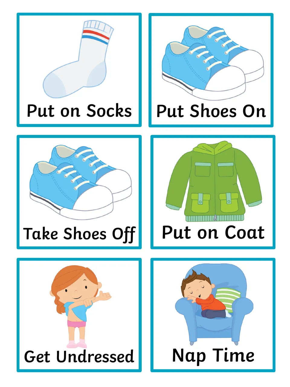 Dressing step cards: Put on Socks, Put Shoes On, Take Shoes Off, Put on Coat, Get Undressed and Nap Time, each illustrated