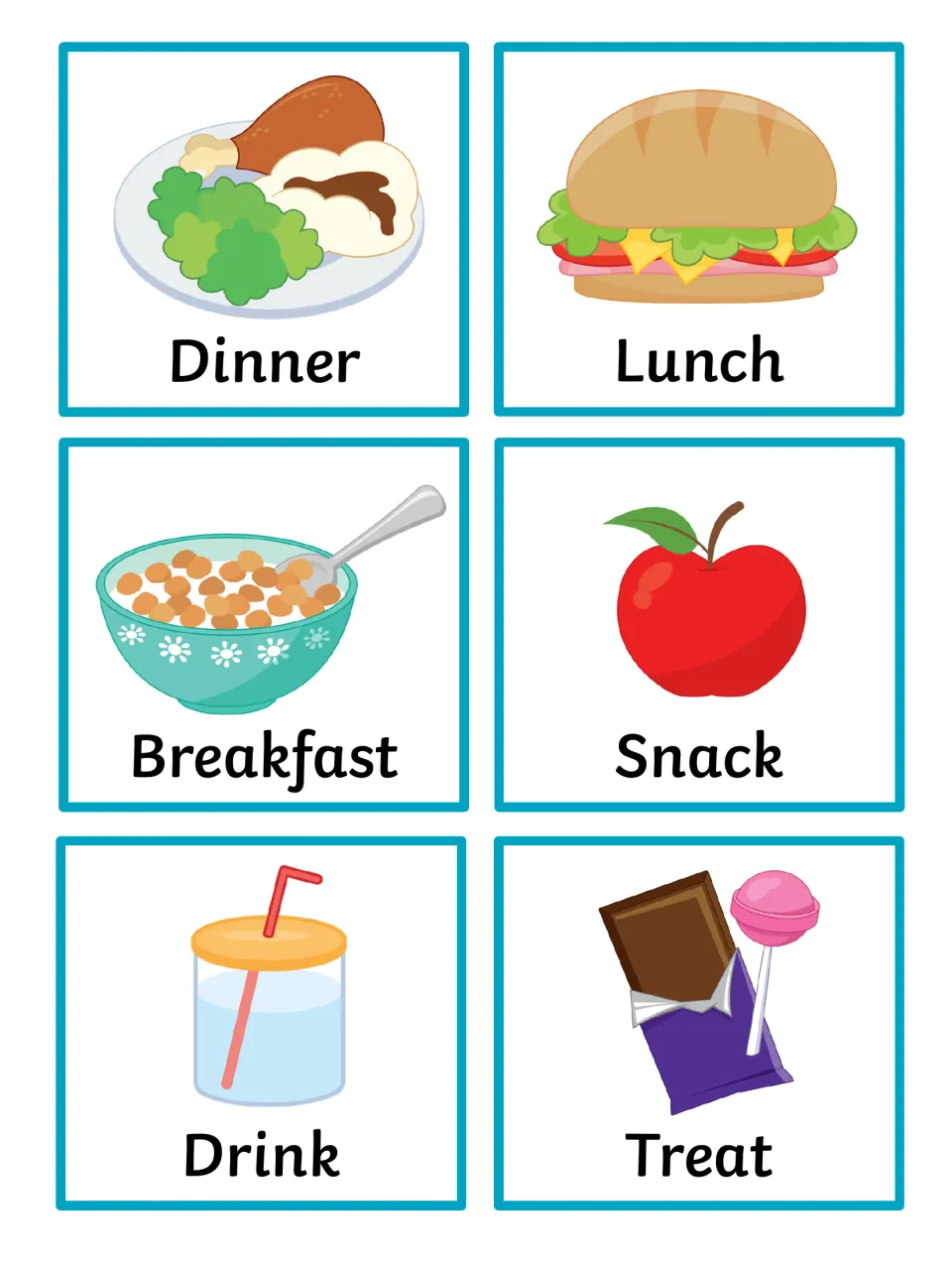 Mealtime cards: Dinner, Lunch, Breakfast, Snack, Drink and Treat, pictured with foods like a sandwich, cereal and an apple