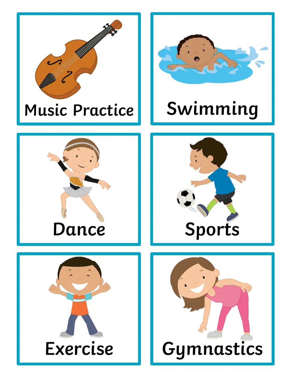 Hobby and movement cards: Music Practice, Swimming, Dance, Sports, Exercise and Gymnastics, each as a labeled illustration