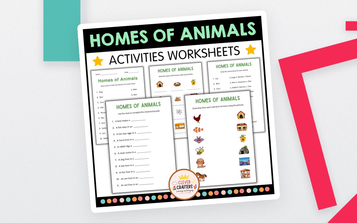 Homes of Animals cover with five worksheet previews and animal-home picture cards