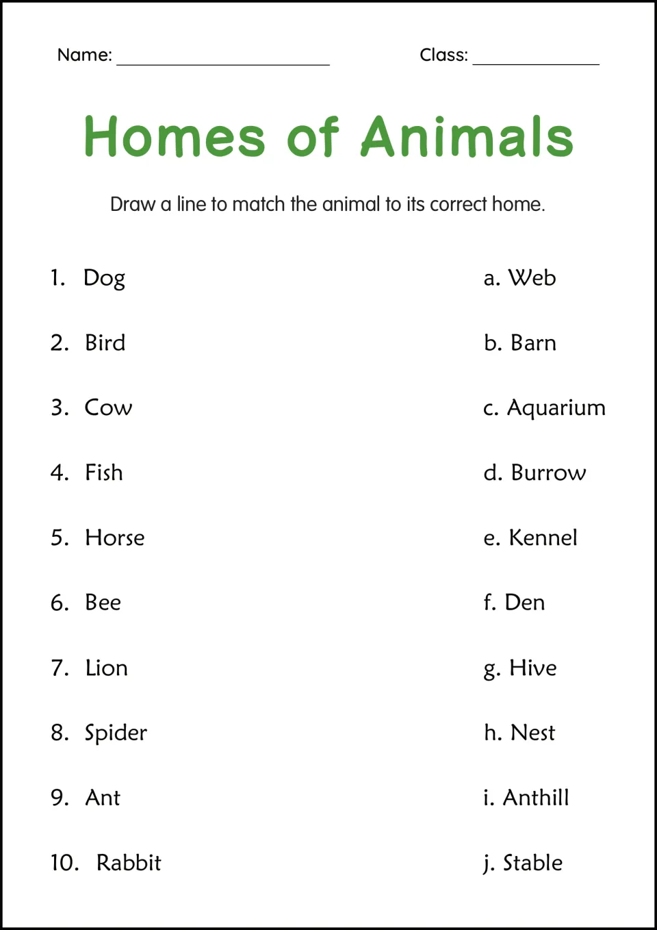 Animal homes matching: students draw lines to match 10 animals, such as dog and bee, to homes like kennel and hive