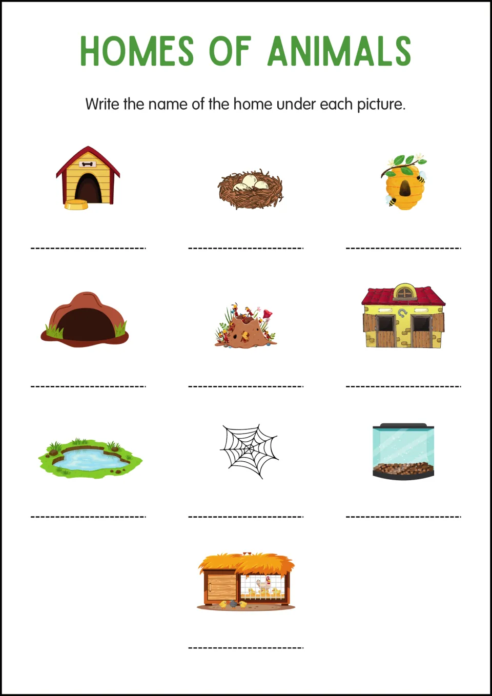 Animal homes picture labeling: students write the home name under 10 pictures, including a nest, hive, web and pond