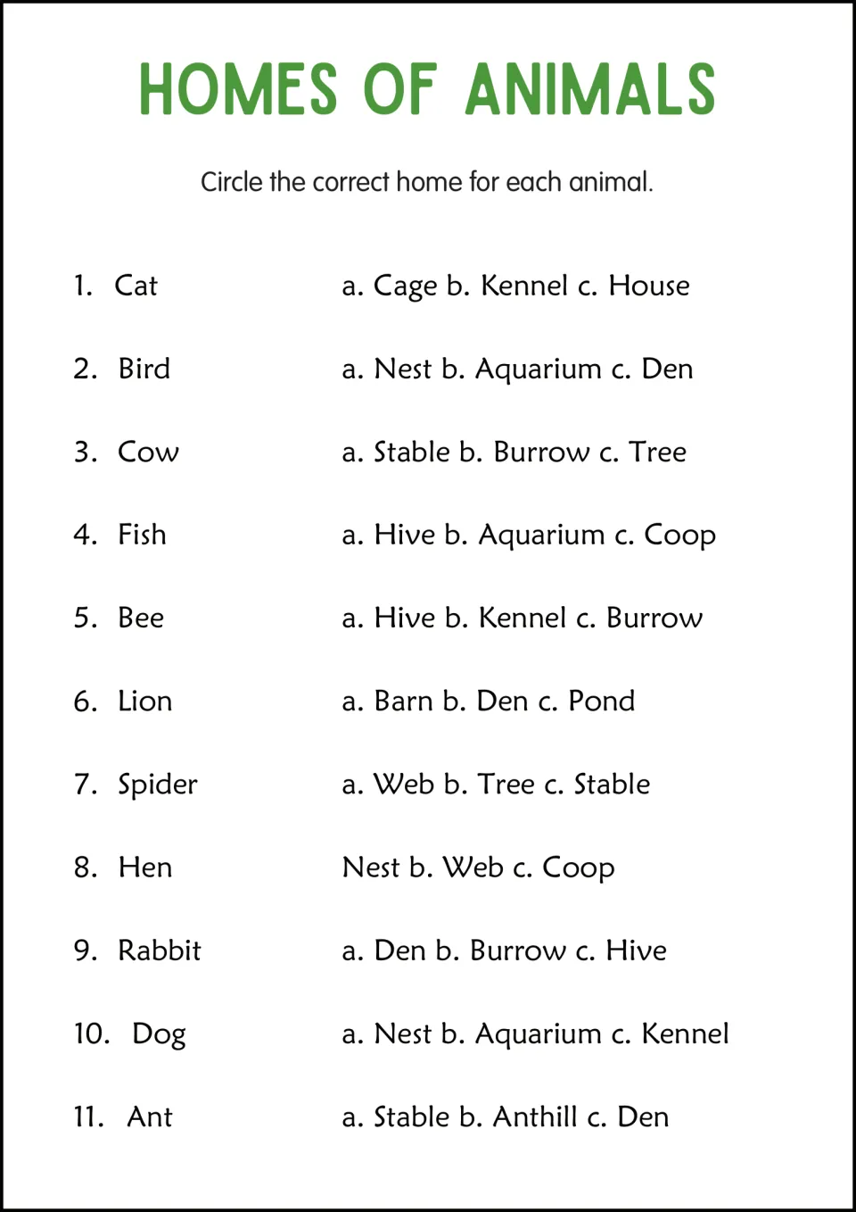 Animal homes multiple choice: students circle the correct home for 11 animals, choosing from three options each