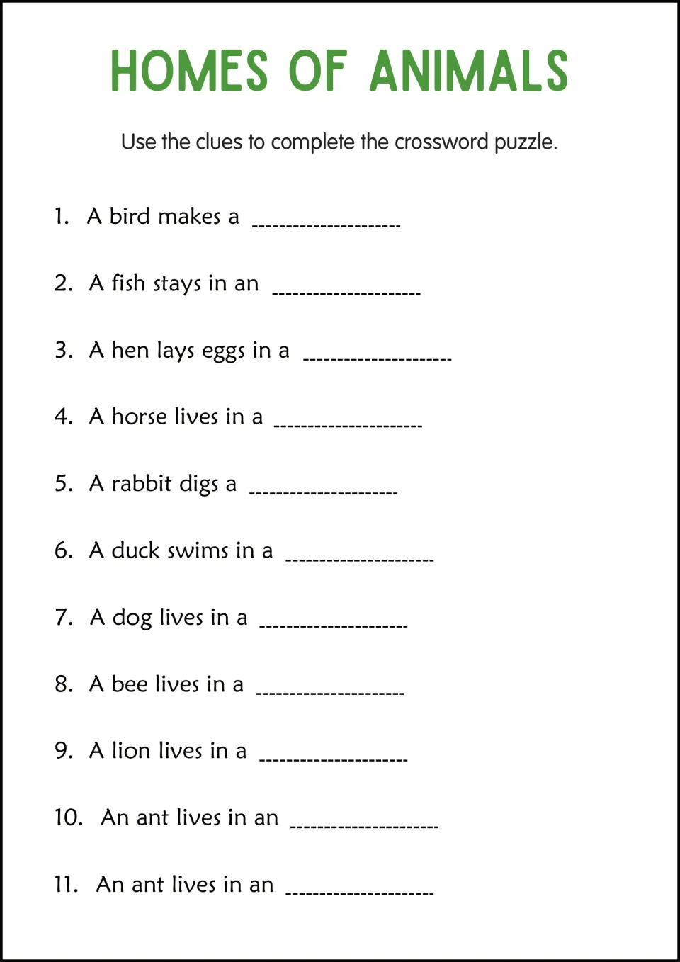 Animal homes clues: 11 fill-in sentences such as 'A rabbit digs a' marked as crossword clues, with no grid shown