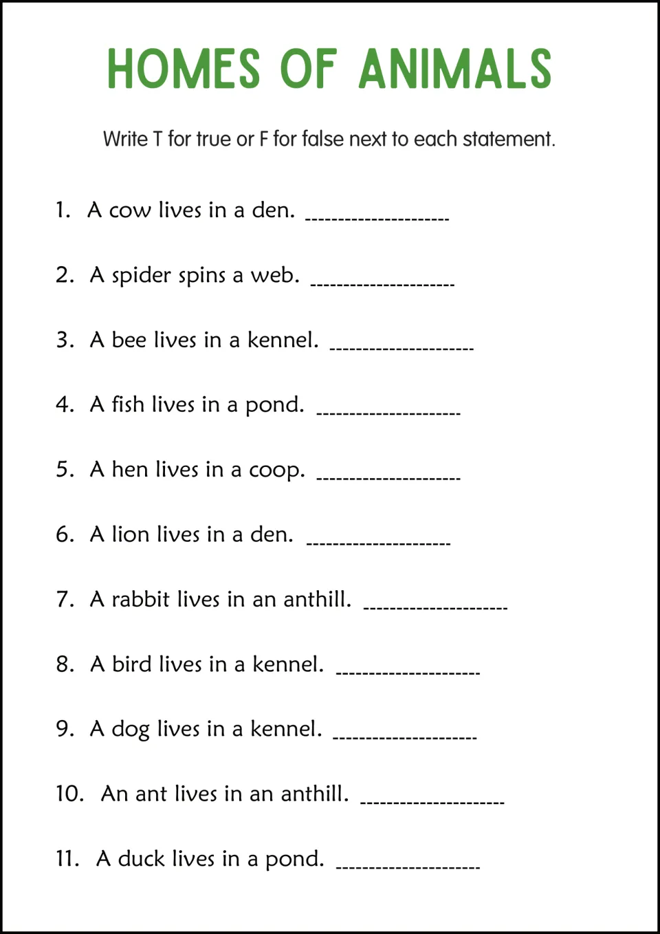 Animal homes true or false: students mark T or F for 11 statements such as 'A bee lives in a kennel'