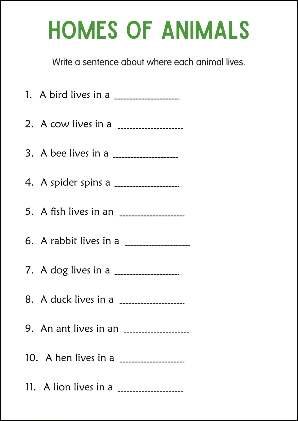 Animal homes sentence writing: students complete 11 sentences about where animals live, like 'A hen lives in a'