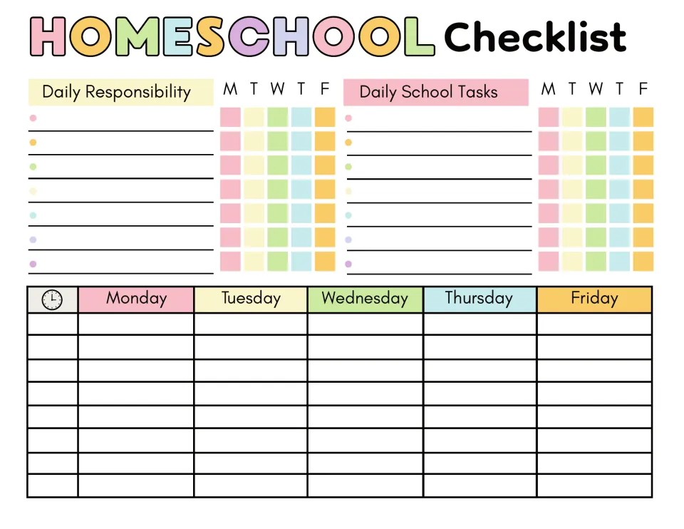 Homeschool checklist: list daily responsibilities and school tasks, tick them off M to F, and plan a timed weekly schedule