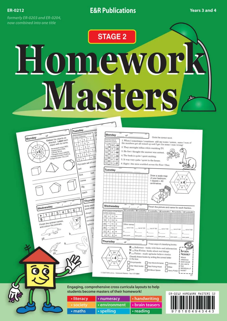 Stage 2 Homework Masters cover for Years 3 and 4 by E&R Publications, showing sample Monday to Thursday homework sheets