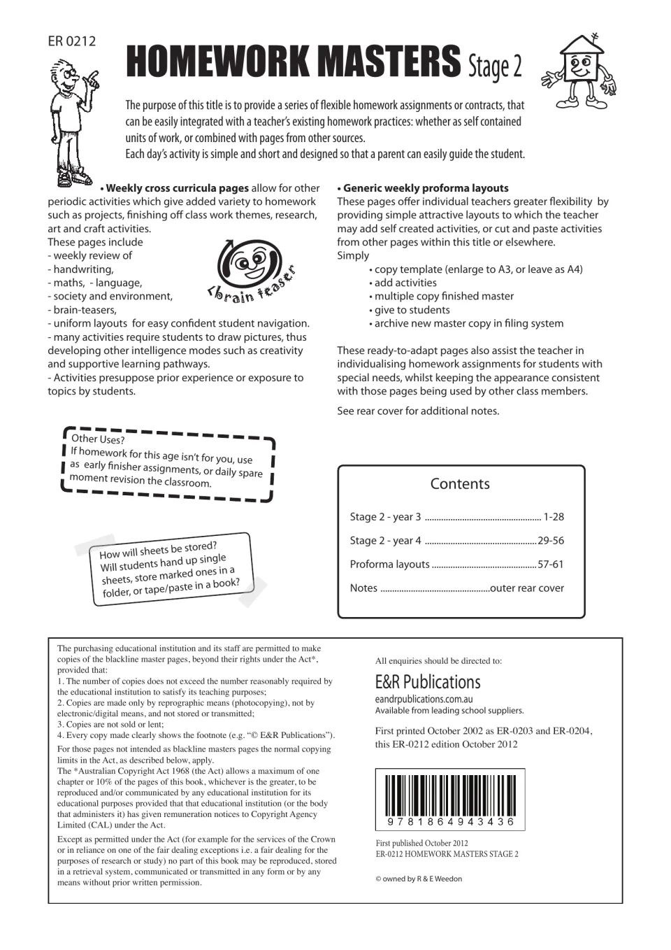 Teacher notes: purpose of the weekly homework sheets, how to use the proforma layouts, contents list and copying terms