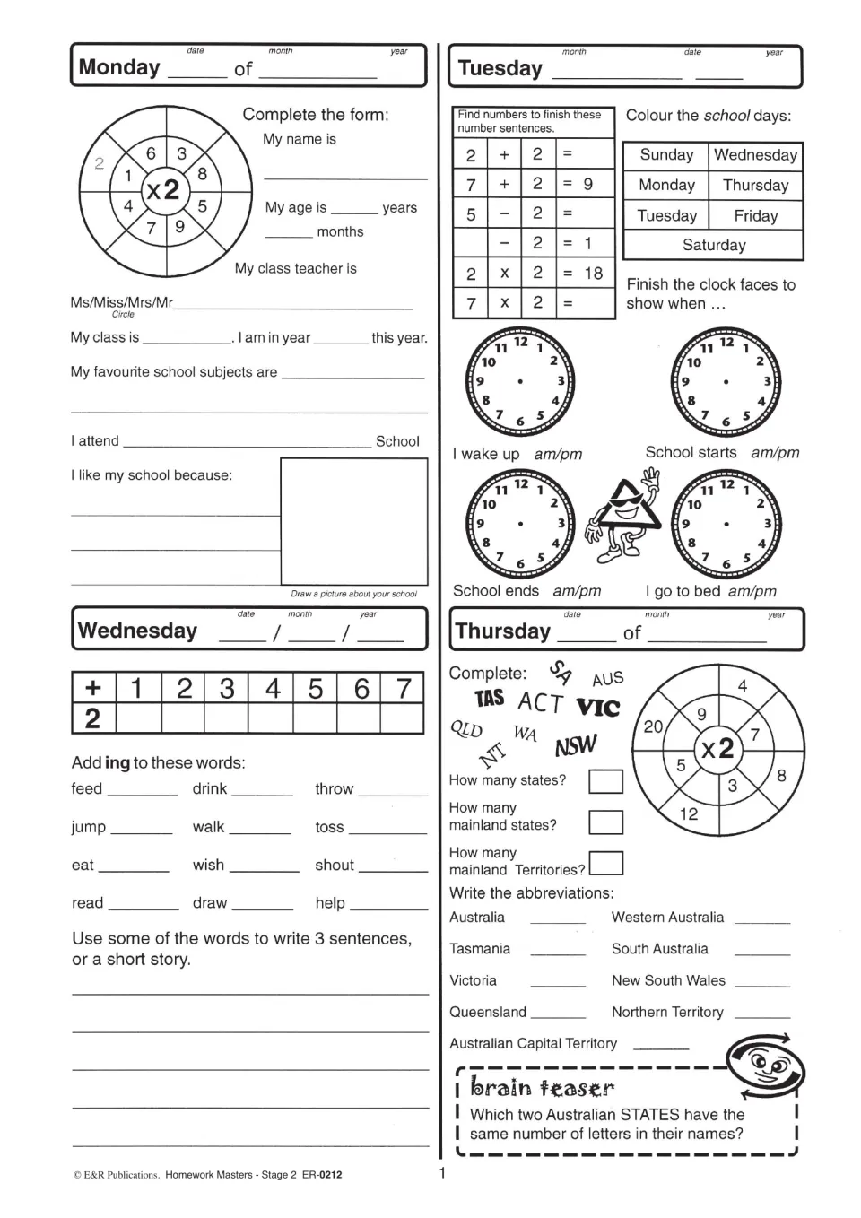 Page 1 homework: x2 wheel, all-about-me form, clock times, adding -ing to verbs and Australian state abbreviations