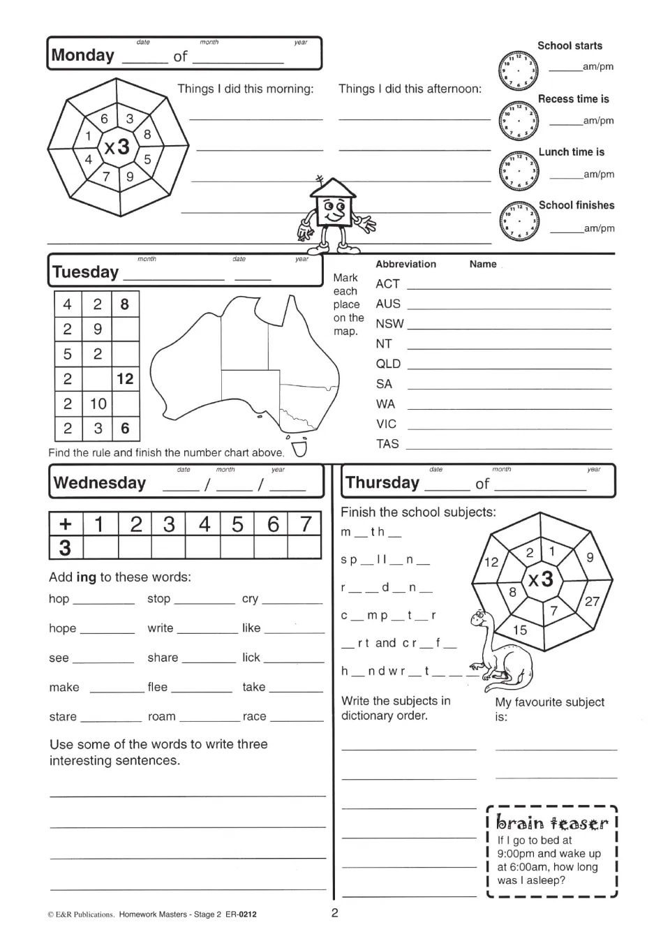 Page 2 homework: x3 wheel, school timetable clocks, labelling an Australian map, -ing spelling and school subject names