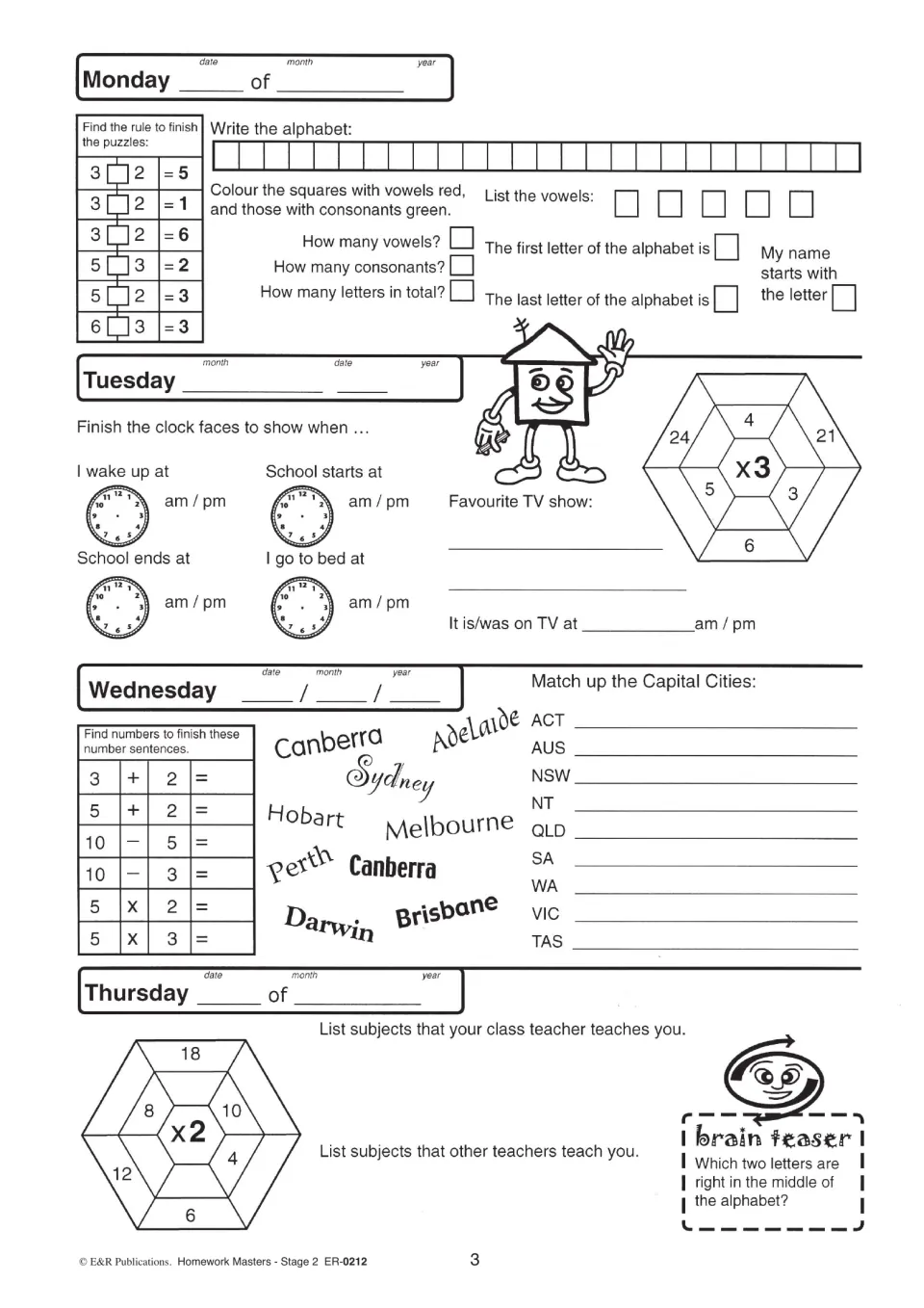 Page 3 homework: find the missing operation, vowels and consonants, clock times, x3 hexagon and matching capital cities