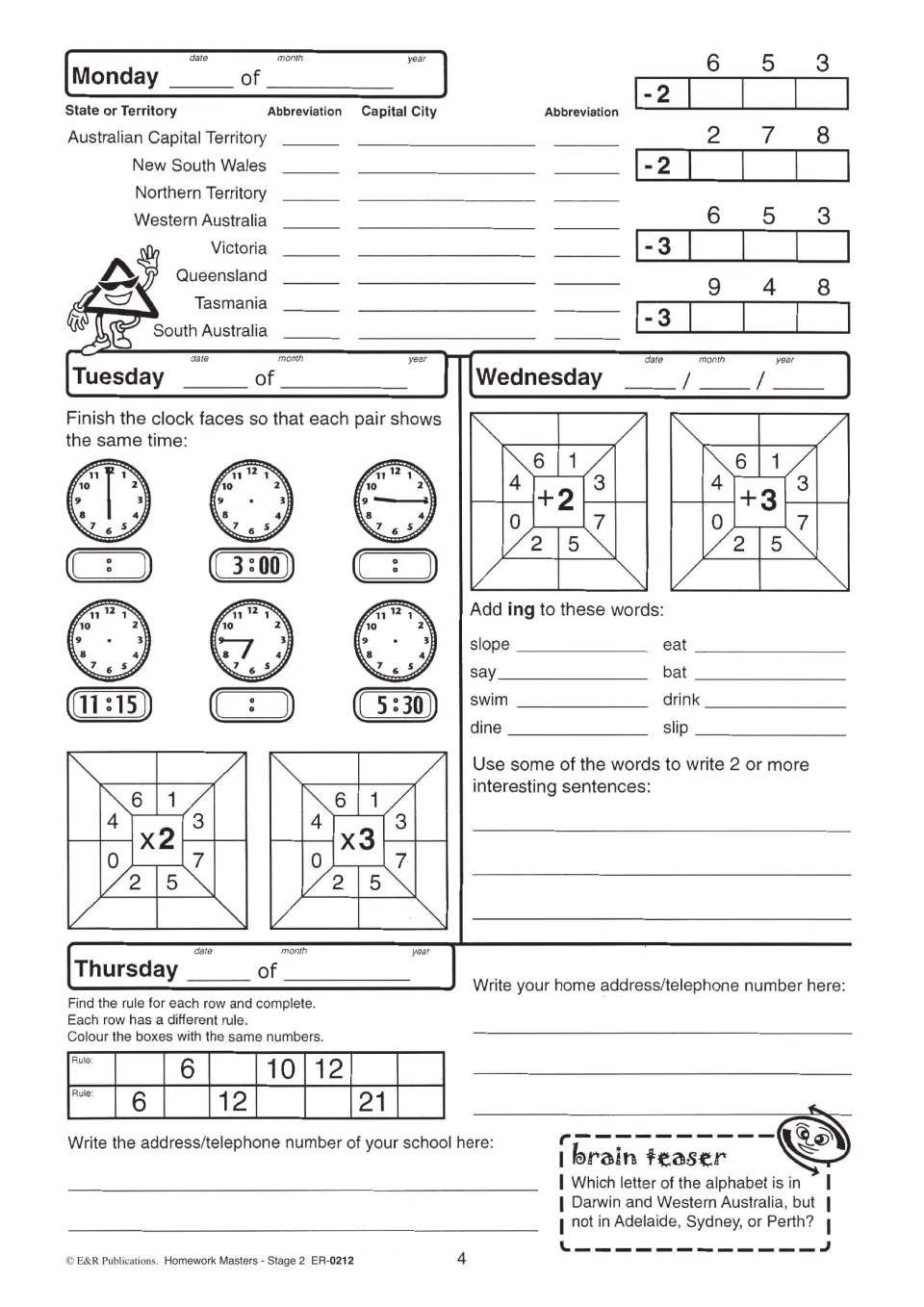 Page 4 homework: state capitals, subtracting from 3-digit numbers, matching analogue and digital times, -ing words