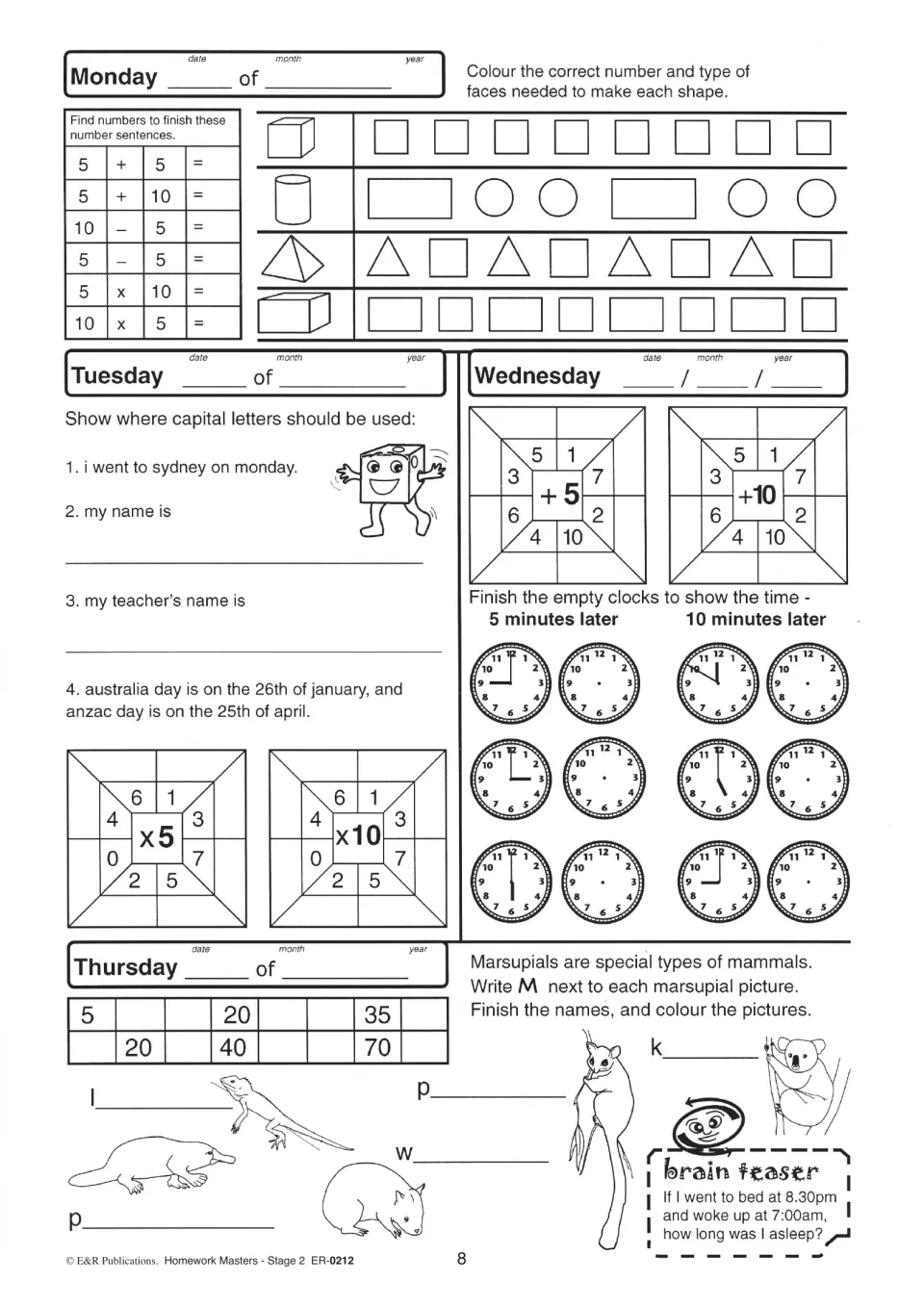 Page 8 homework: faces of 3D shapes, capital letter corrections, clocks 5 and 10 minutes later, and marsupial names