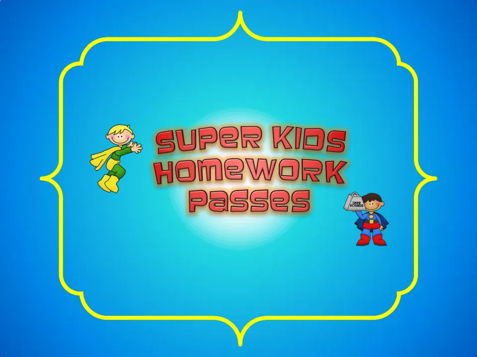 Cover reading Super Kids Homework Passes, with a flying boy superhero and a boy lifting a 1000-pound weight